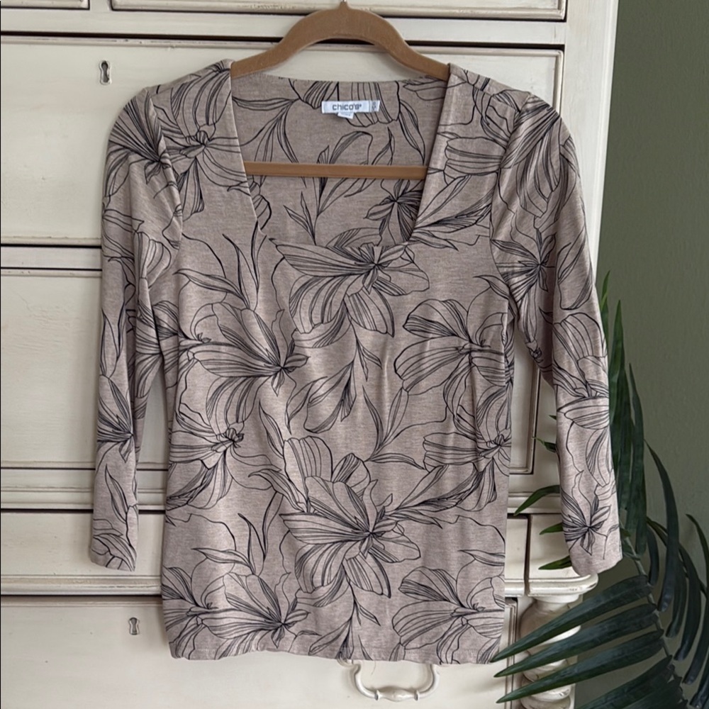 Chico's Floral Beige Square neck top size S